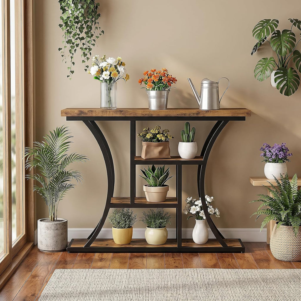 41.3" Industrial 4 - Tier Console Table with Curved Metal Frame, Narrow Long Sofa Table & Entryway Table with Storage Shelves for Living Room, Accent Table for Hallway Furniture Foyer