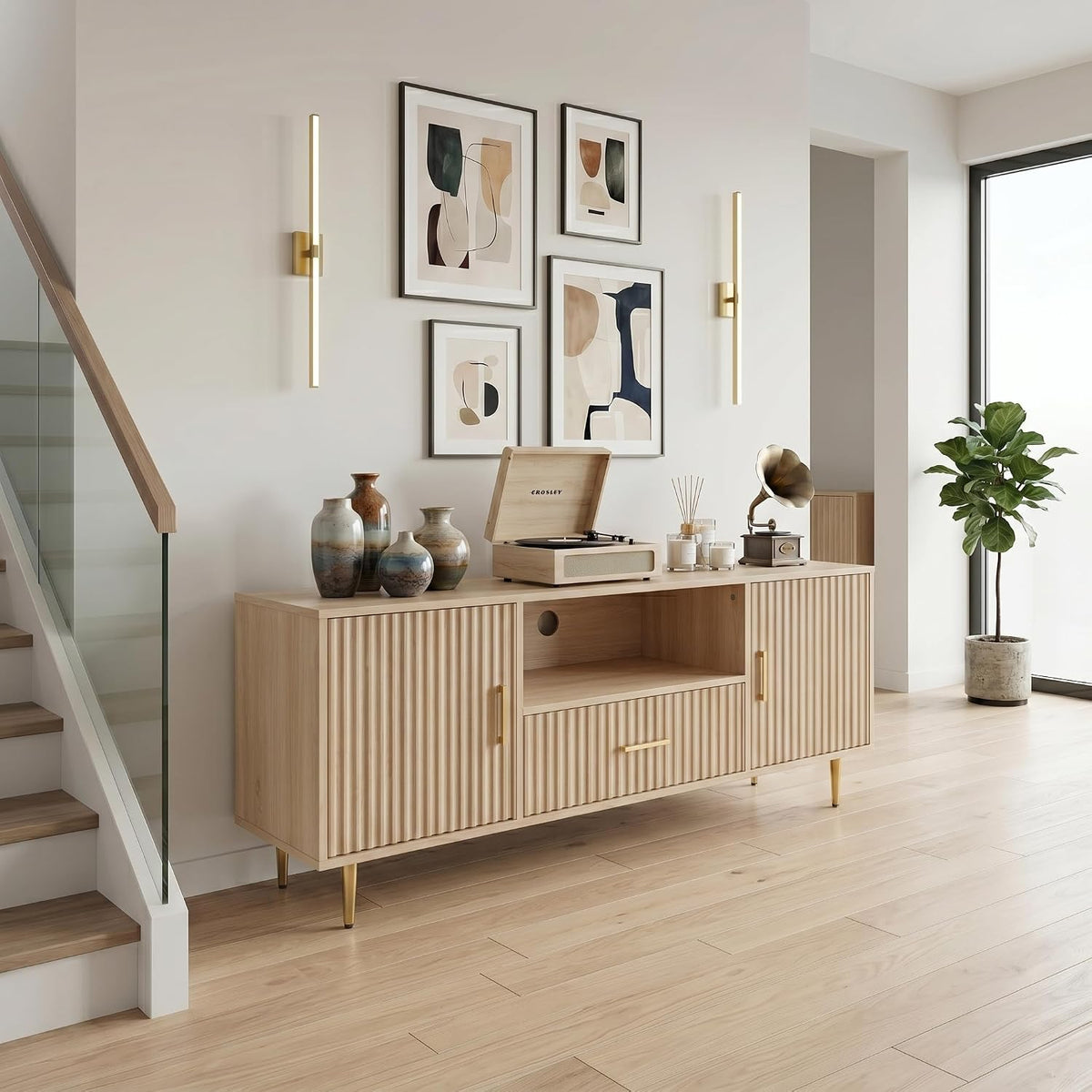 DIYART Luxury Fluted TV Stand, Entertainment Center for TVs Up to 65", Modern Media Console with Drawer and Cabinets, TV Console for Living Room Bedroom, Oak