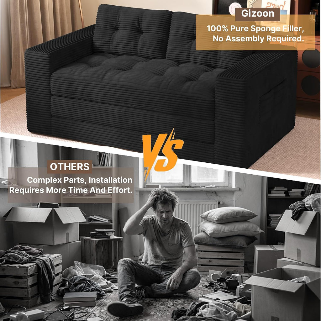Gizoon Couch Bed Small Floor Couch 59" Convertible Sleeper Sofa | Folding Sofa Bed with 2 Pillows & Memory Foam, Corduroy Pull Out Couch for Small Spaces, Apartment, Living Room, Black