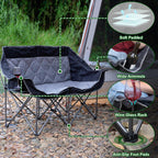 Double Camping Chair for 2 Persons, Oversized Folding Loveseat Camping Chair with Cup & Wine Holders, Heavy Duty 750LBS Support, Portable Camping Couch for Outdoor, Lawn, Beach, Black+Grey