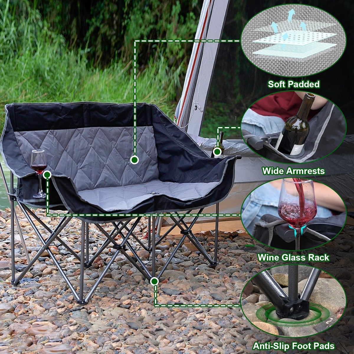 Double Camping Chair for 2 Persons, Oversized Folding Loveseat Camping Chair with Cup & Wine Holders, Heavy Duty 750LBS Support, Portable Camping Couch for Outdoor, Lawn, Beach, Black+Grey