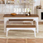 HUAHUU 63" Farmhouse Dining Table Set for 4-6, Kitchen Table with 2 Benches, Space Saving 3-Piece Rectangle Wooden Dinette Table Set for Dining Room, Breakfast Nook, Small Space, Brown & White