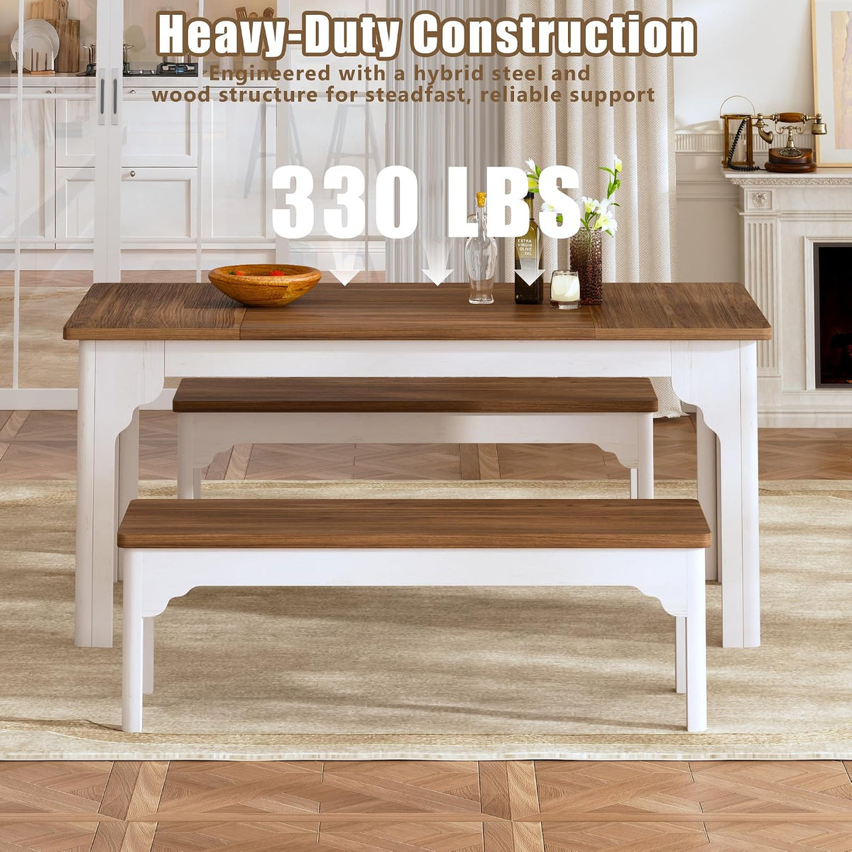 HUAHUU 63" Farmhouse Dining Table Set for 4-6, Kitchen Table with 2 Benches, Space Saving 3-Piece Rectangle Wooden Dinette Table Set for Dining Room, Breakfast Nook, Small Space, Brown & White