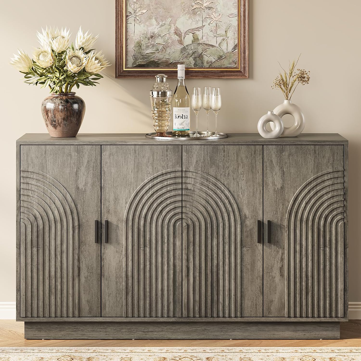Fluted Sideboard Buffet Cabinet with Storage - 57" Credenza Coffee Bar Cabinet with 4 Doors, Accent Kitchen Storage Cabinets with Adjustable Shelves for Living & Kitchen, Entryway, Modern