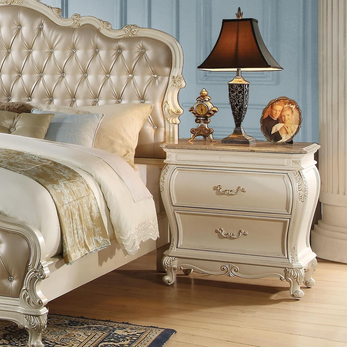 Pearl White 2-Drawer Nightstand with Legs,for Small Spaces