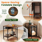Giantex Folding Dining Table with 5 Wheels, Extendable Bar Tables with Wine Rack and Storage Shelf, Heavy-Duty Metal Frame, Space-Saving Kitchen Table for Small Spaces, Living Room, Apartment, Office