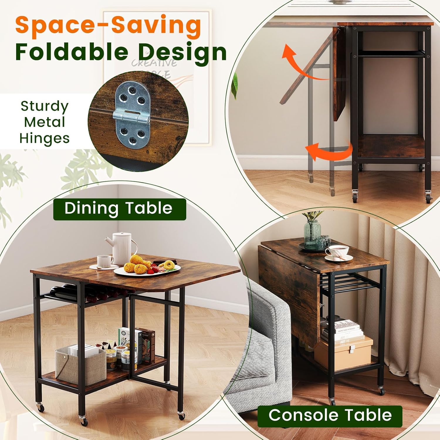 Giantex Folding Dining Table with 5 Wheels, Extendable Bar Tables with Wine Rack and Storage Shelf, Heavy-Duty Metal Frame, Space-Saving Kitchen Table for Small Spaces, Living Room, Apartment, Office