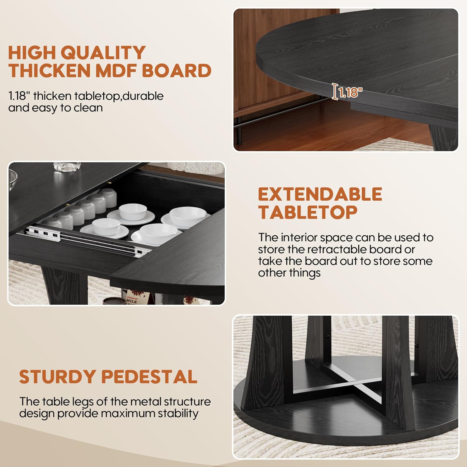 43.3''-59'' Extendable Round Dining Table for 4-8, Expandable Kitchen Table with Storage Shelf, Space Saving Circle Kitchen Table, Round Oval Dining Room Table for Living Room