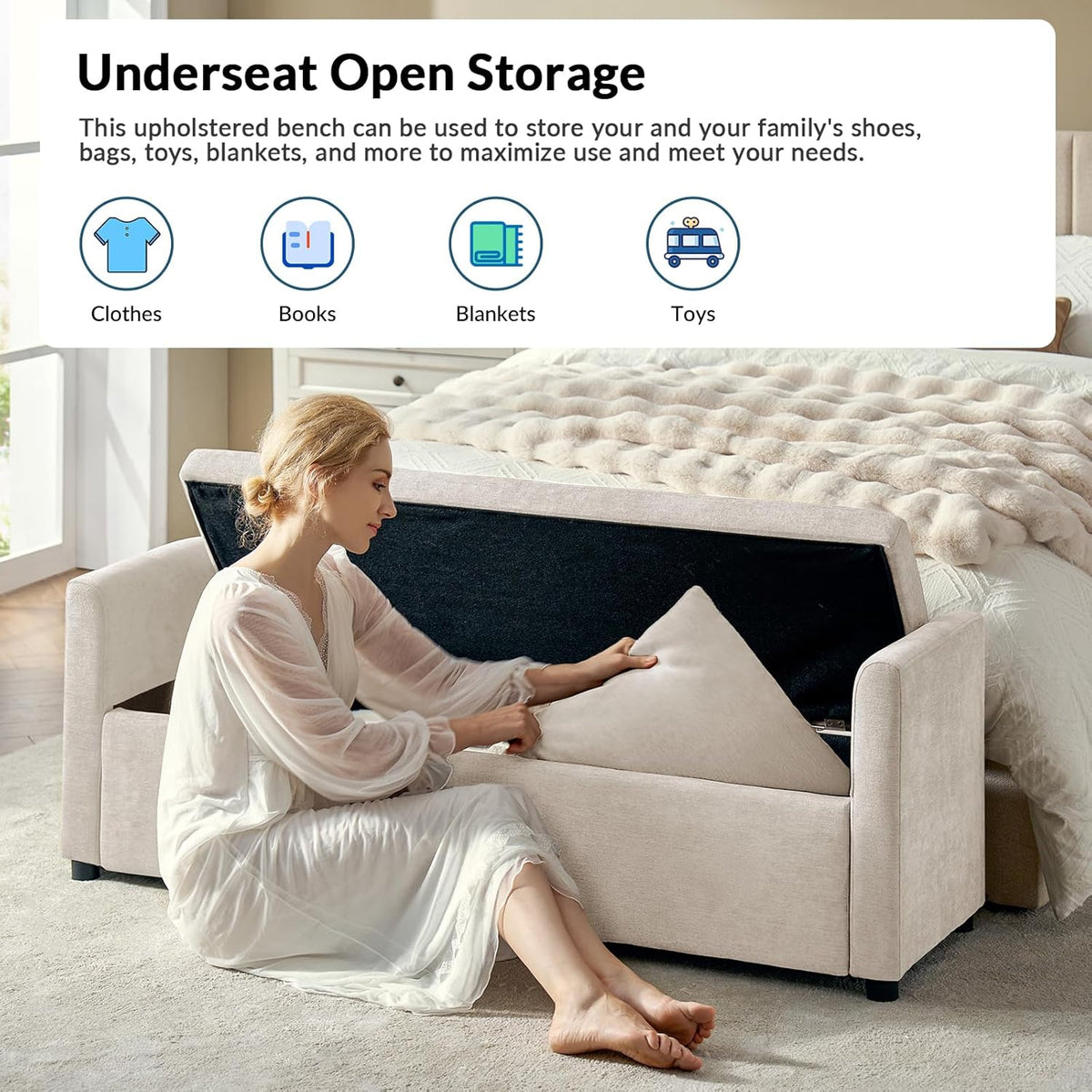 59.5" Modern Storage Ottoman Bedroom Bench, End of Bed Bench with Throw Pillows and Arms, Footrest Stool for Living Room, Dining Room, Entryway and Hallway, Linen