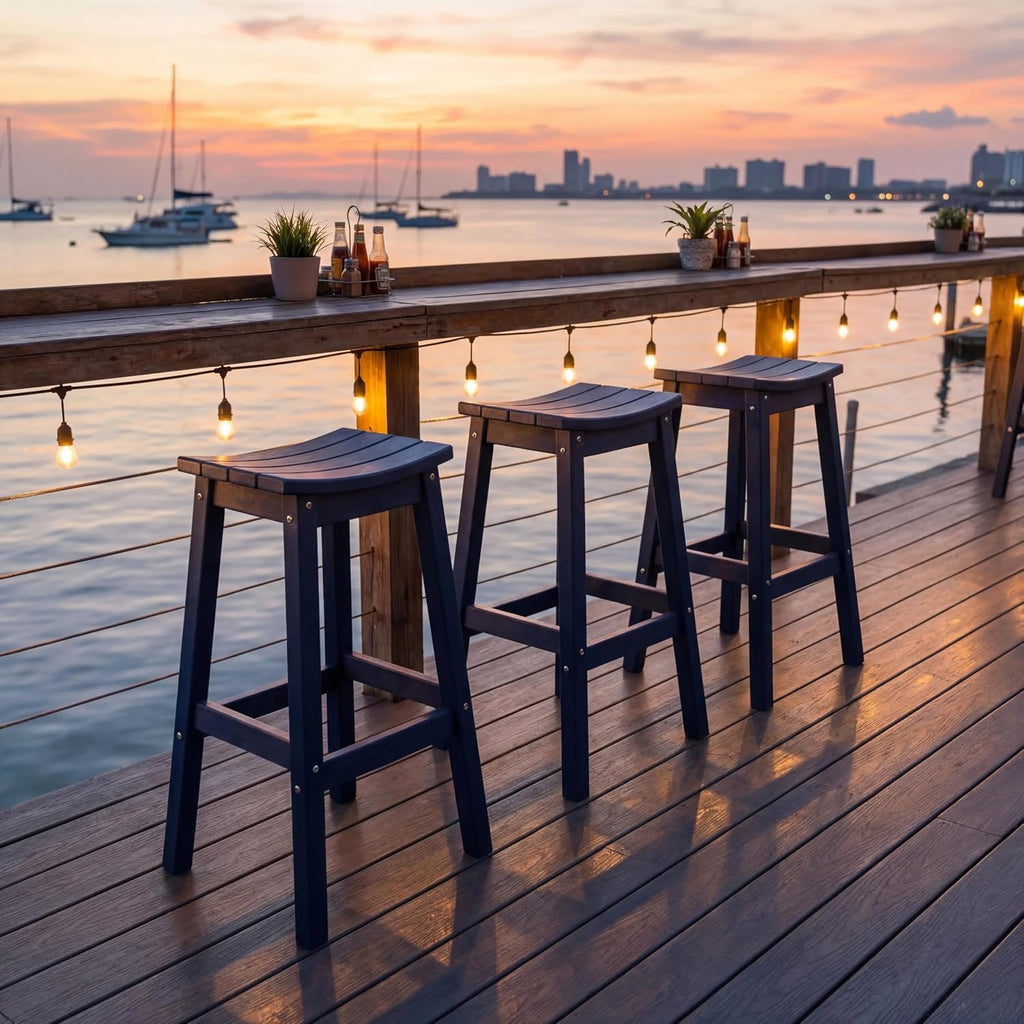AMILY HDPE Bar Stool Set of 2, Outdoor Bar Height 29‘’, Heavy Duty All-Weather Patio Stool for Poolside, Backyard, Balcony, Easy Assembly (Blue)