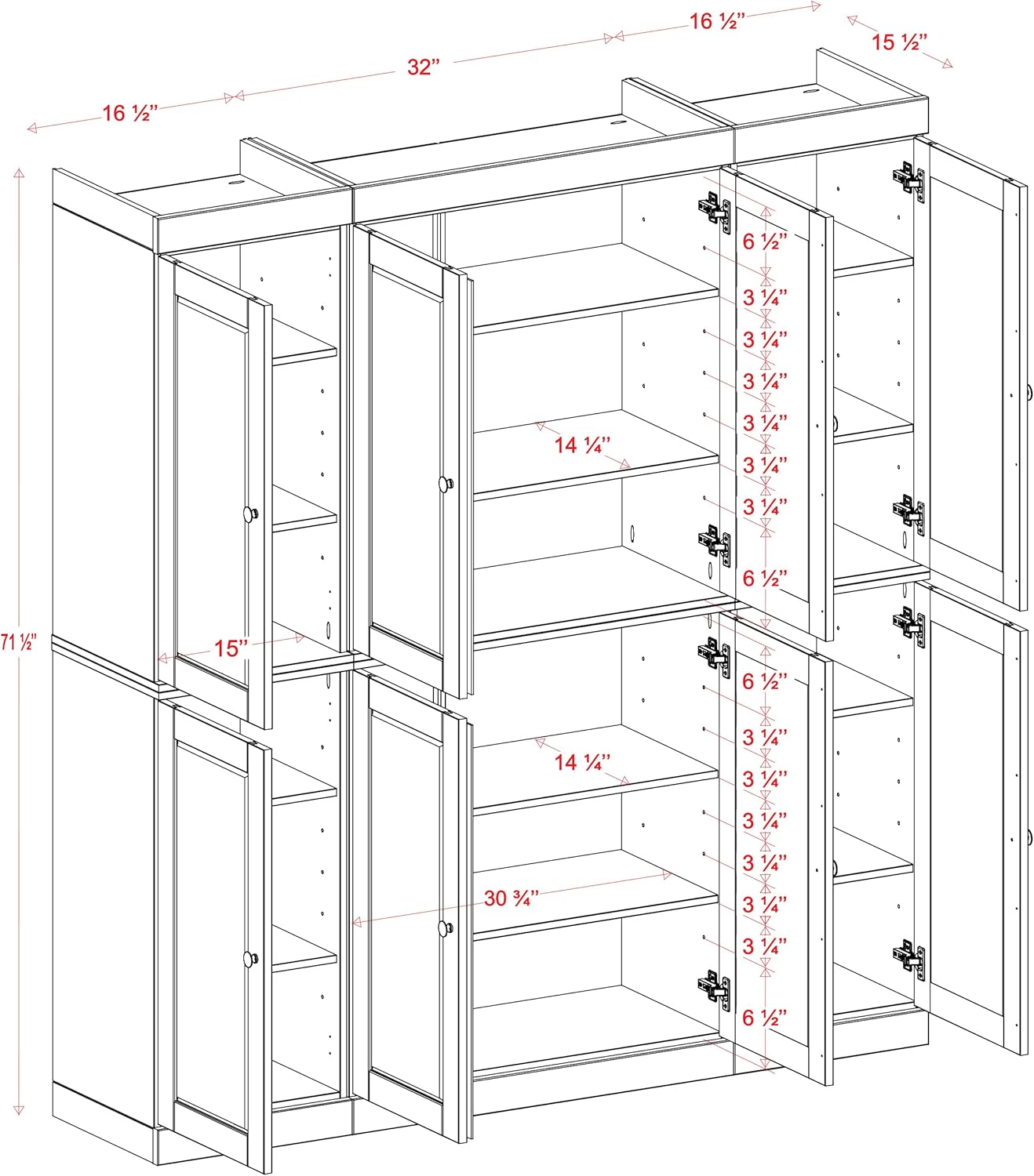 Palace Imports Solid Wood Kitchen Pantry Cabinet – 71.5" Tall x 65" Wide – Wooden Storage Cabinet with 8 Shaker Doors & 12 Adjustable Shelves – Gray, 100% Eco-Friendly Wood, Made in Brazil, Cupboard