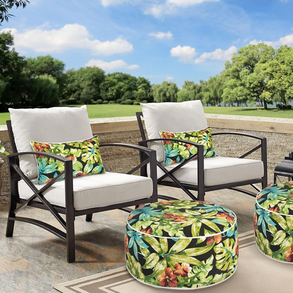 Outdoor/Indoor Inflatable Ottoman Pouf D20 xH9, All Weather Round Footstool with Handle, Water Repellent Portable Footrest for Patio Garden Camping Travel-Tropical Green Leaves