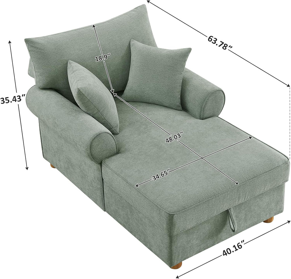 VANOMi Oversized Chaise Lounge Chair Indoor, Comfy Reading Chair with Storage, Chenille Upholstered Sleeper Chair with 2 Pillows Accent Armchair for Living Bedroom, Light Green