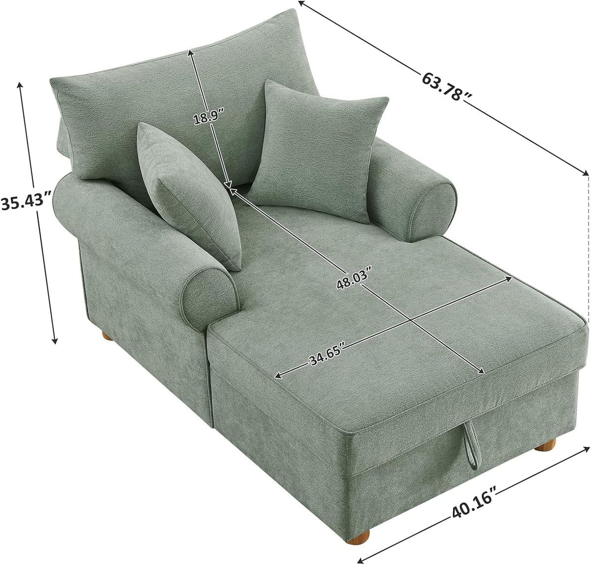 VANOMi Oversized Chaise Lounge Chair Indoor, Comfy Reading Chair with Storage, Chenille Upholstered Sleeper Chair with 2 Pillows Accent Armchair for Living Bedroom, Light Green
