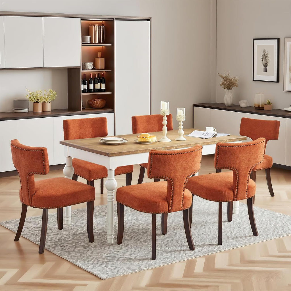 Mid Century Modern Farmhouse Dining Chairs Set of 4, Linen Upholstered with Curved Backrest & Copper Nail Trim, Hardwood Frame, Orange