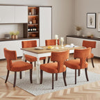 Mid Century Modern Farmhouse Dining Chairs Set of 4, Linen Upholstered with Curved Backrest & Copper Nail Trim, Hardwood Frame, Orange