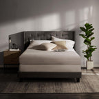 Hearth & Harbor Queen Bed Frame with Headboard Wingback – Linen Platform Bed Frame Queen Size, Button-Tufted Upholstered Bed Frame Queen, Modern Bedframe, Box Spring Required, Grey