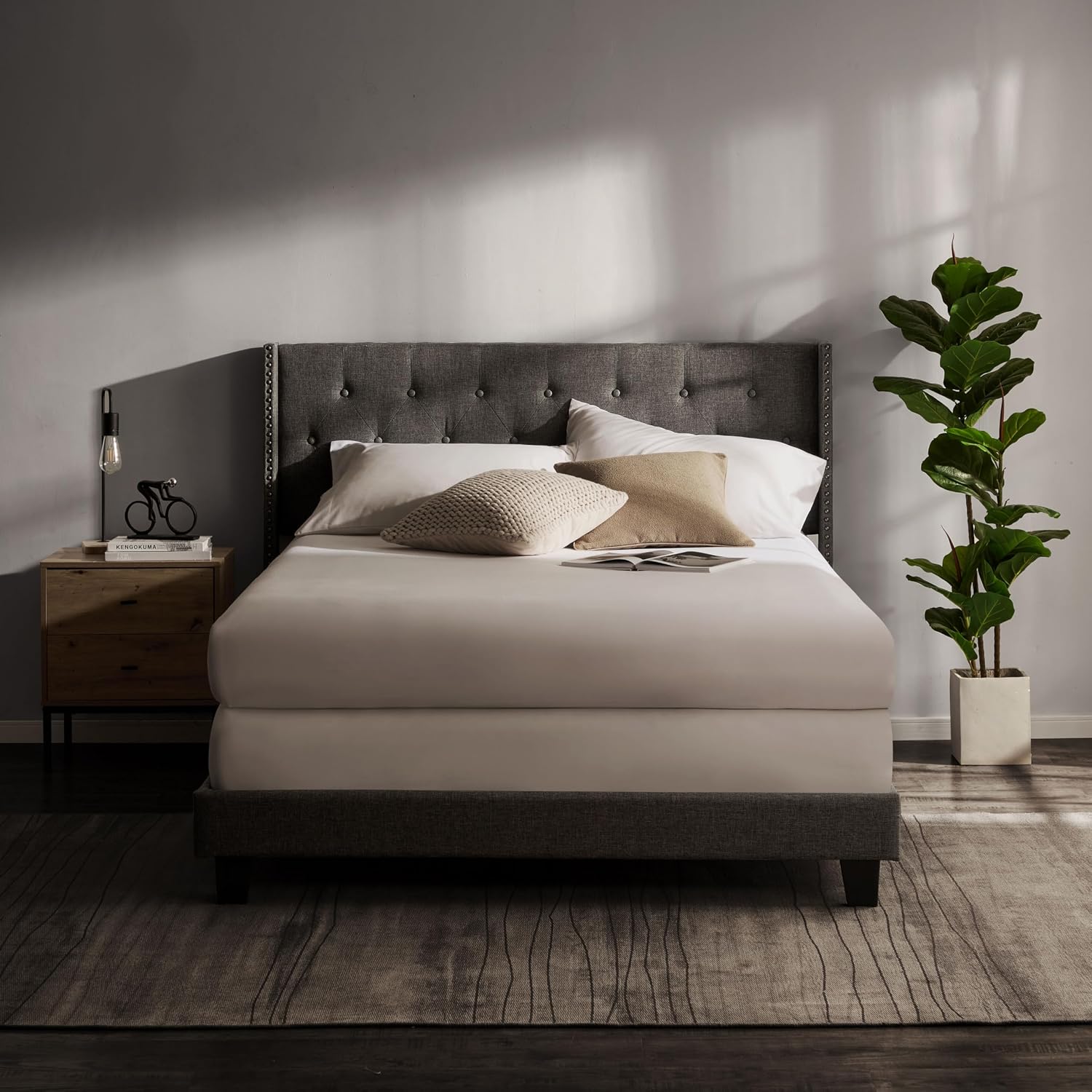 Hearth & Harbor Queen Bed Frame with Headboard Wingback – Linen Platform Bed Frame Queen Size, Button-Tufted Upholstered Bed Frame Queen, Modern Bedframe, Box Spring Required, Grey