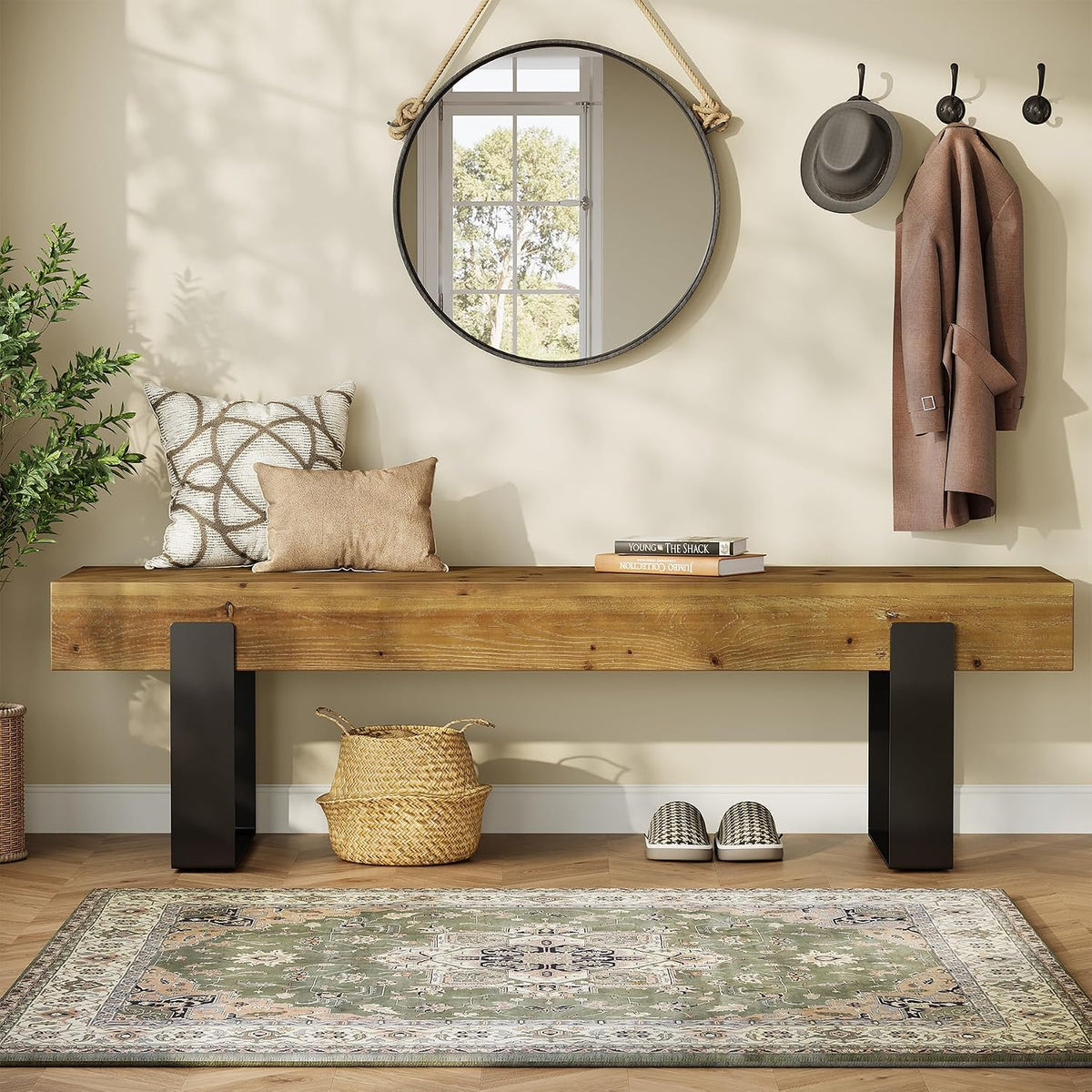 Solid Wooden Entryway Bench, 63" Farmhouse Indoor Shoe Bench with Metal Legs, Industrial Long End of Bed Stool with Seating for Entry, Hallway, Porch, Living Room, Mudroom, Easy Assembly