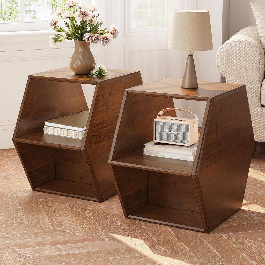 PADMA HOUSE Solid Wood Small End Table, Fully Assembled Hexagon Sofa Side Table with Ample Storage Space, Pre-Assembled Nightstand Slim Bedside Table for Small Spaces