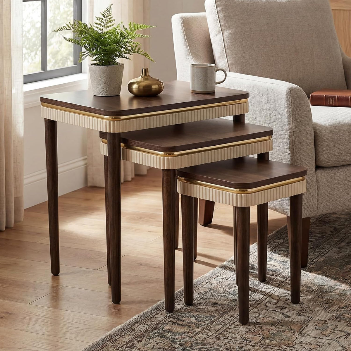 Hyfirm Walnut Nesting Tables Set of 3, Mid Century Side Tables | Space-Saving Stackable Design | Veneered Tops with Gold Trim | Rubberwood Legs