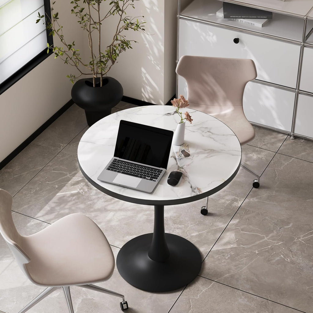Wisfor Kitchen Dining Table Coffee Table: Round 30 Inch Sintered Stone High Gloss White Tabletop Dinner Tables with Black Round Pedestal Base for Home Bar Shop Restaurant