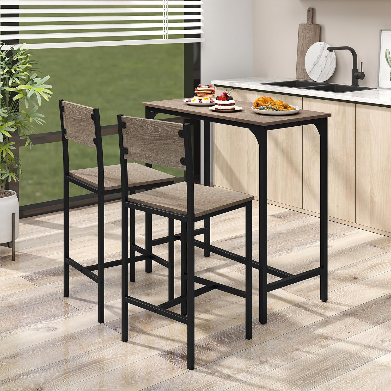 GOFLAME 3-Piece Bar Table Set, Counter Height Pub Table & 2 Barstools with Metal Frame, Industrial Space Saving Dining Set for Kitchen, Dining Room, Bistro, Restaurant, Small Space, Grey