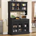 YITAHOME 71" Tall Kitchen Pantry Cabinet with Microwave Stand & Built-in Power Outlet, Buffet Cupboard with Acrylic Doors, Drawers and 8 Hanging Hooks for Kitchen, Dining Room, Living Room, Black Oak