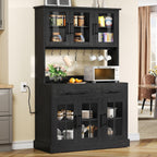 YITAHOME 71" Tall Kitchen Pantry Cabinet with Microwave Stand & Built-in Power Outlet, Buffet Cupboard with Acrylic Doors, Drawers and 8 Hanging Hooks for Kitchen, Dining Room, Living Room, Black Oak