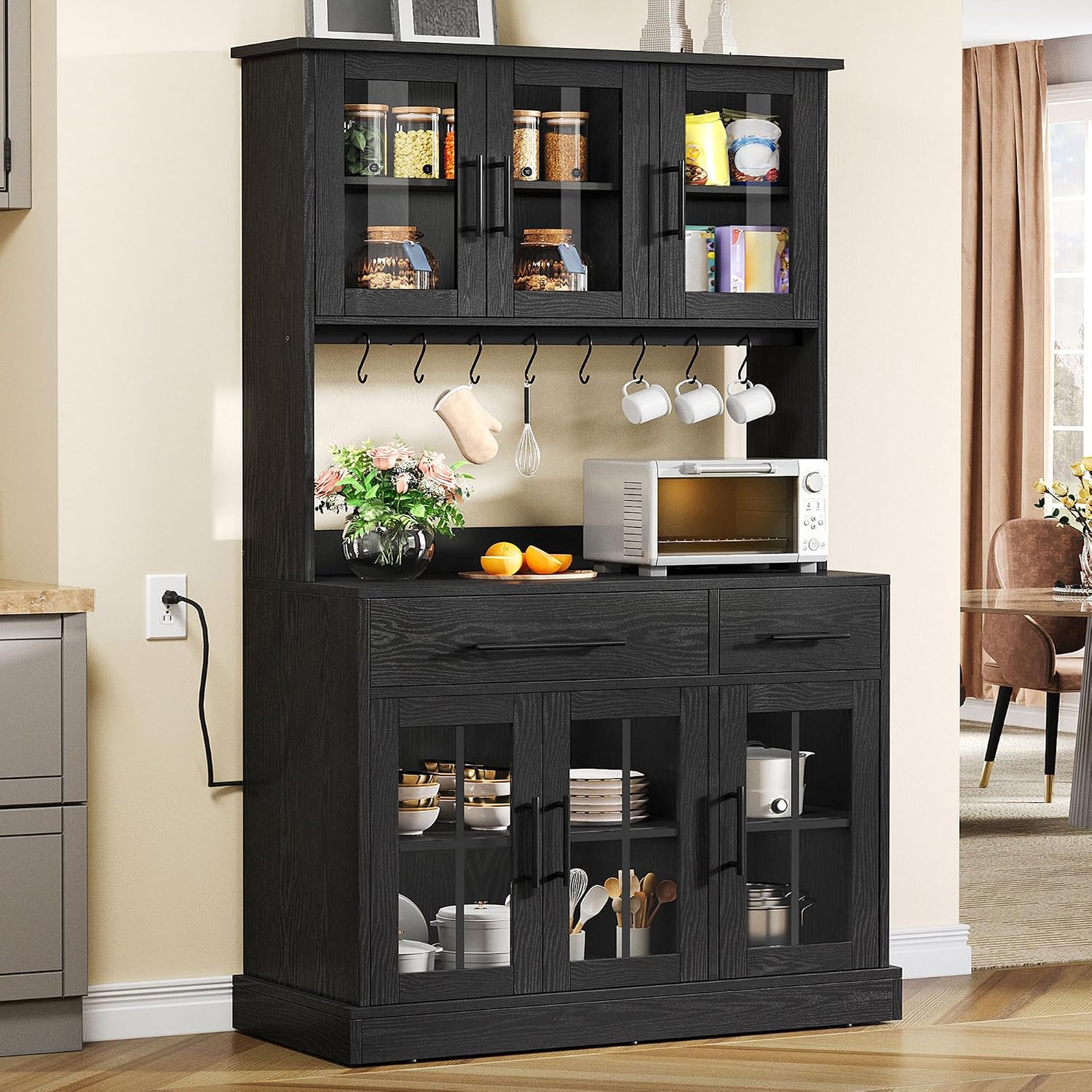 YITAHOME 71" Tall Kitchen Pantry Cabinet with Microwave Stand & Built-in Power Outlet, Buffet Cupboard with Acrylic Doors, Drawers and 8 Hanging Hooks for Kitchen, Dining Room, Living Room, Black Oak