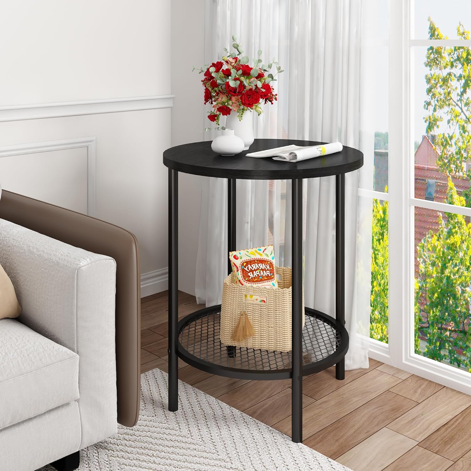DKLGG 3-Piece Coffee Table and End Table Sets for Living Room, Round Coffee Table Set of 3 with Storage, Modern Farmhouse Rustic Living Room Table Set for Apartment Home Office, Black