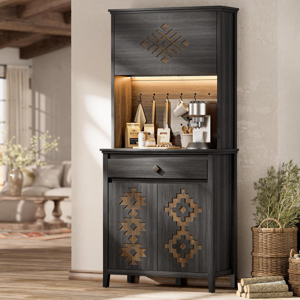 72" Tall Kitchen Pantry with Hydraulic Flip Up Door, Storage Cabinet with LED Lights & Charging Station, Drawer and Adjustable Shelves, Cupboard for Kitchen, Dining Room, and Hallway, Black