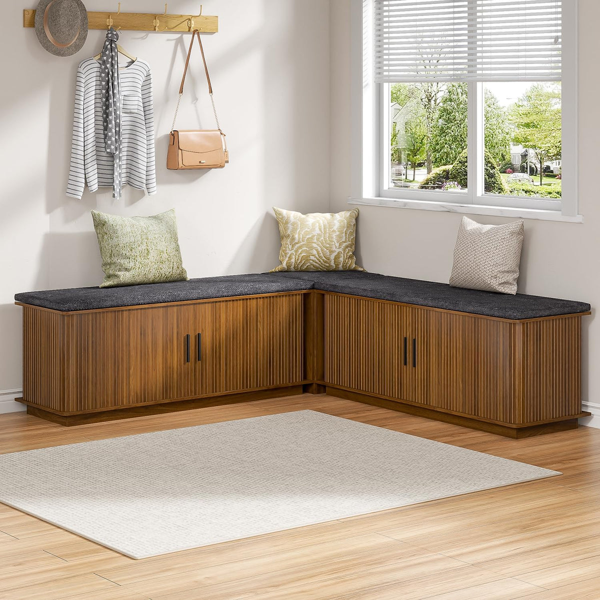 Corner Storage Bench with Hidden Storage, L-Shaped Shoe Bench with Cushion, Space Saving Storage Bench for Entryway, Kitchen, Cloakroom, Dining Room, Walnut
