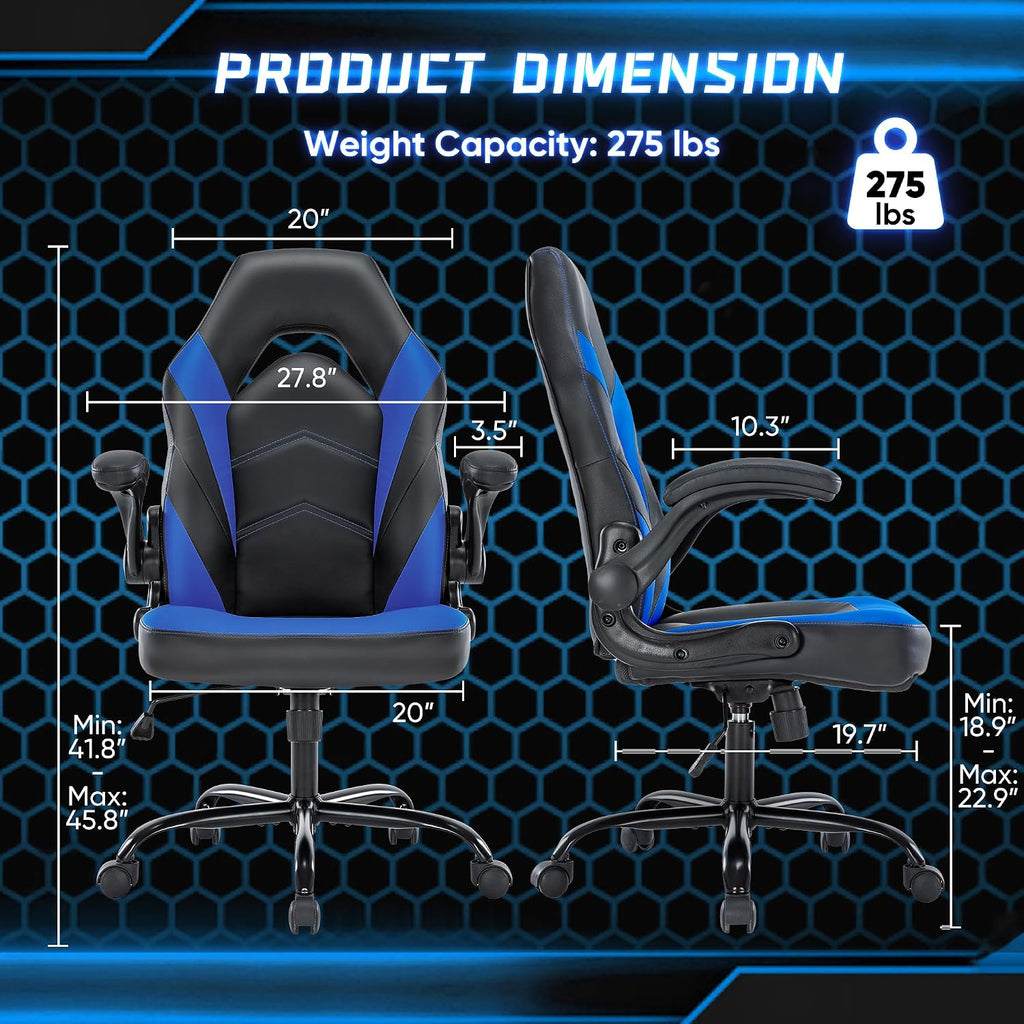 OLIXIS Computer Gaming Chair, Lumbar Support, PU Leather | 360° Swivel Wheels, Height Adjustable, Flip-up Armrest, Ergonomic Home Office Desk, Video Racing, Black and Blue