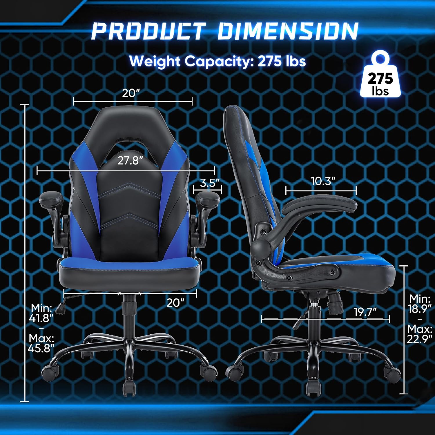 OLIXIS Computer Gaming Chair, Lumbar Support, PU Leather | 360° Swivel Wheels, Height Adjustable, Flip-up Armrest, Ergonomic Home Office Desk, Video Racing, Black and Blue