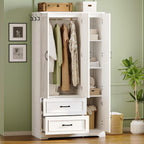 LIKIMIO Armoire Wardrobe Closet with 4 Doors and Drawers, White | Wardrobe Cabinet with Storage Shelves and Side Hooks, Clothing Storage Cabinet for Bedroom