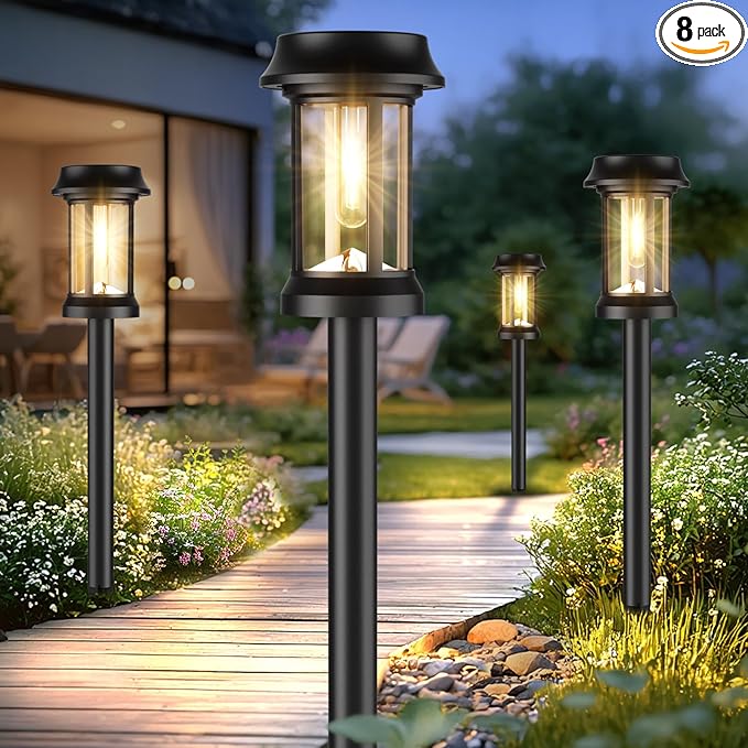Solar Pathway Lights, 8 Pack Glass Solar Lights Outdoor, Solar Stake Lights Landscape Lighting for Outside Path Walkway Driveway Sidewalk Lawn Yard Garden Decor
