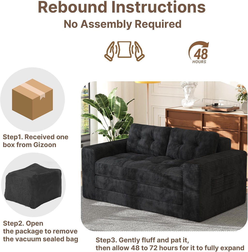 Gizoon Couch Bed Small Floor Couch 59" Convertible Sleeper Sofa | Folding Sofa Bed with 2 Pillows & Memory Foam, Corduroy Pull Out Couch for Small Spaces, Apartment, Living Room, Black