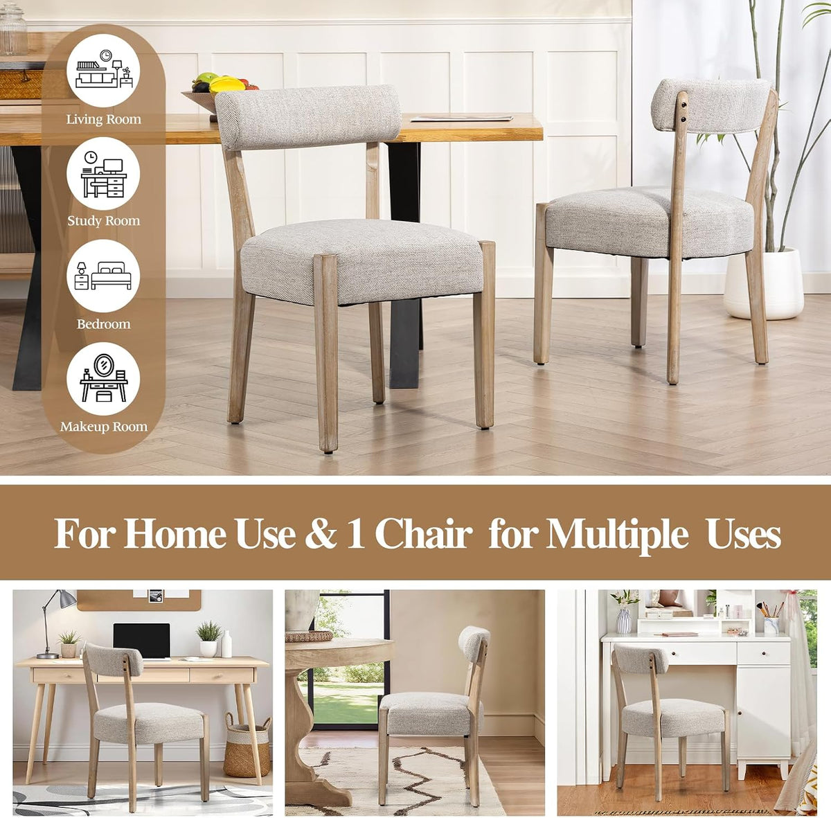 ZJhome Dining Chairs,Set of 6 Mid-Century Modern Wooden Kitchen Chairs with Linen Upholstery - Low-Back Woven Design for Kitchen & Dining Room,Oatmeal Fabric
