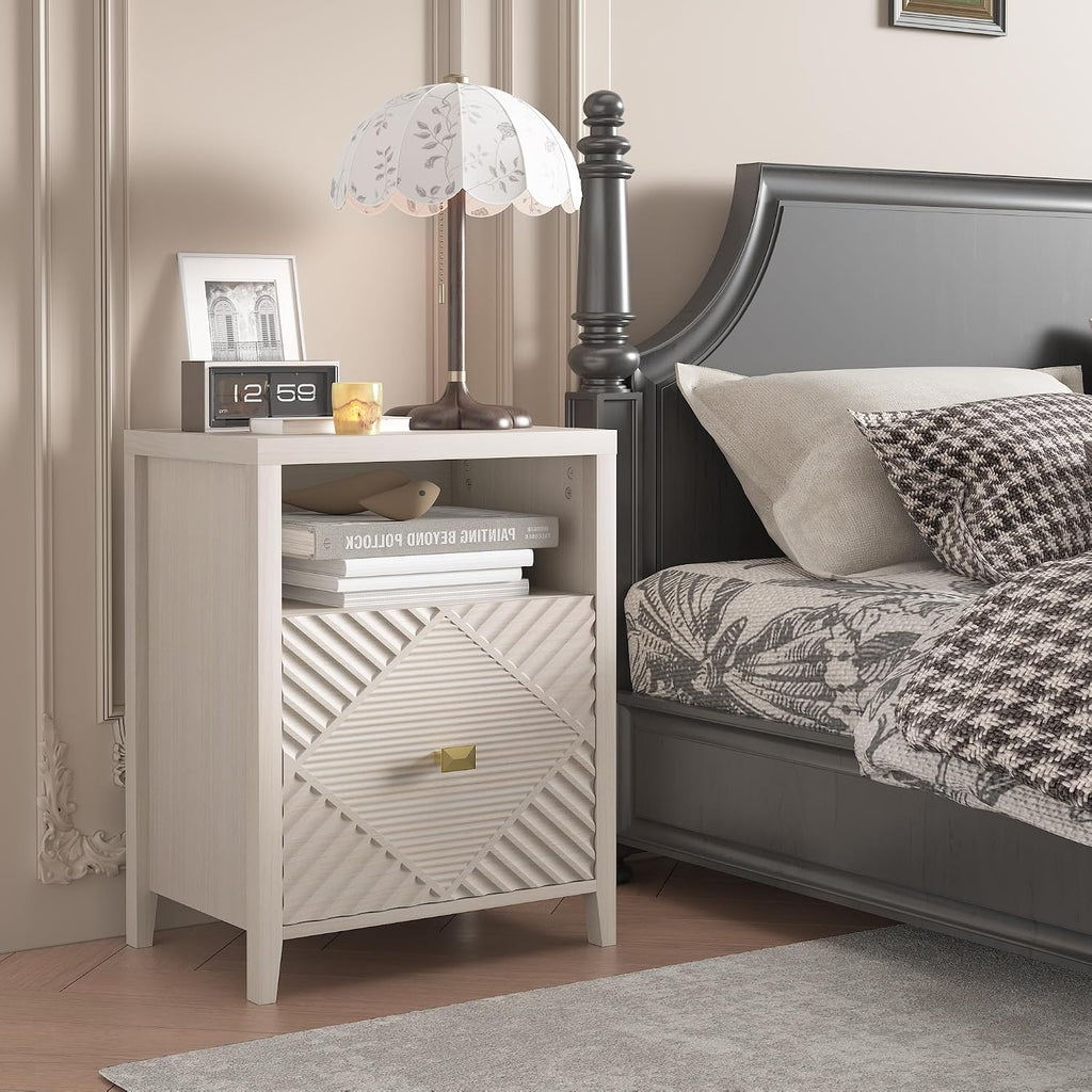 3imothrix End Table Set of 2 with Charging Station, Modern Nightstand with Door and Open Shelf, Fluted Design, Bedside Table for Bedroom, Living Room, Light Brown