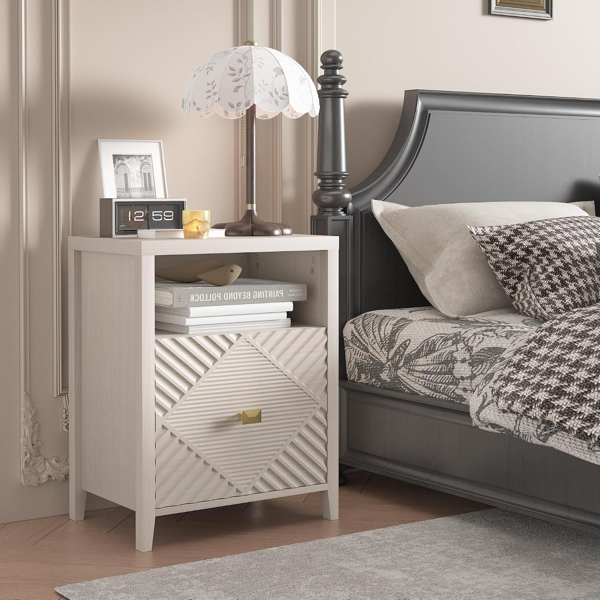 3imothrix End Table Set of 2 with Charging Station, Modern Nightstand with Door and Open Shelf, Fluted Design, Bedside Table for Bedroom, Living Room, Light Brown