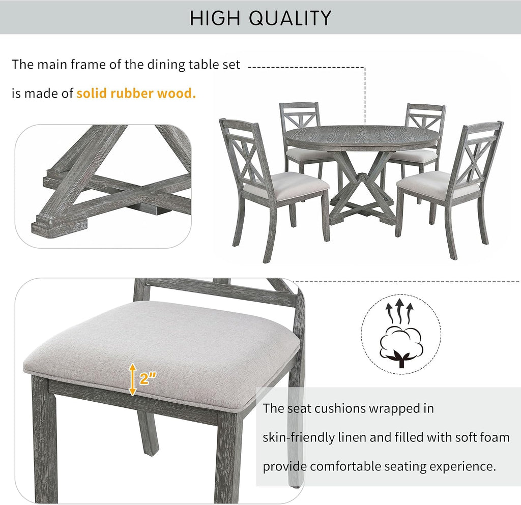 Merax Extendable Round Dining Table Set for 4, Farmhouse Kitchen Table Set with 4 Upholstered Chairs for Kitchen, Dining Room, Living Room, Grey