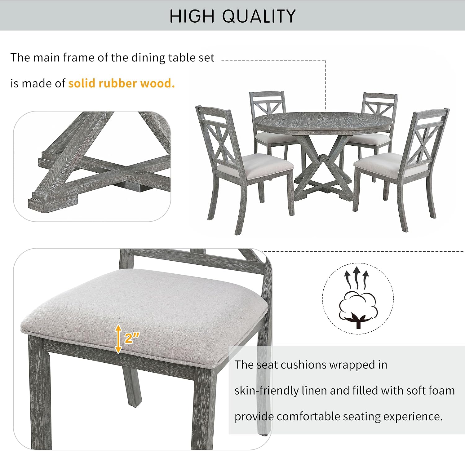 Merax Extendable Round Dining Table Set for 4, Farmhouse Kitchen Table Set with 4 Upholstered Chairs for Kitchen, Dining Room, Living Room, Grey