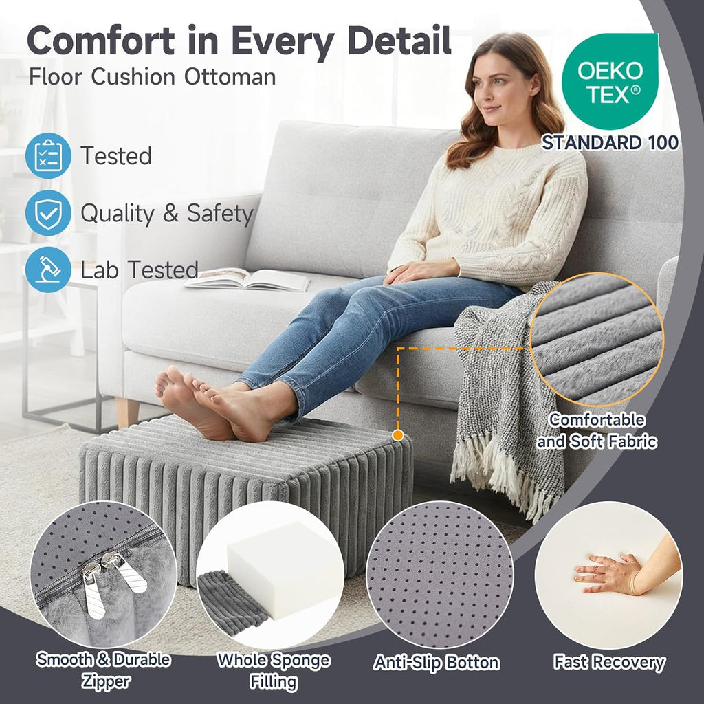 Tiita Square Stuffed Pouf Ottoman, Soft Foot Stool with Solid Foam Block | 21x21x12 Inches Fluffy Floor Pouf Chair & Footrest Cushion for Couch Living Room,Grey