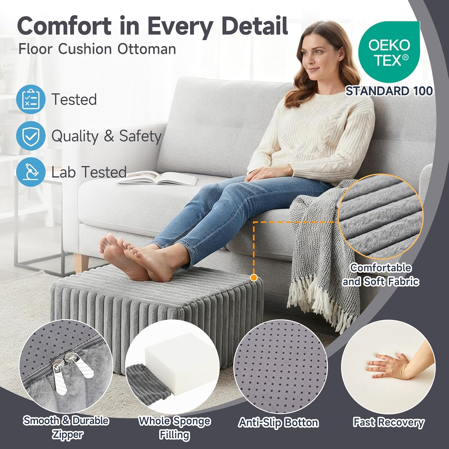 Tiita Square Stuffed Pouf Ottoman, Soft Foot Stool with Solid Foam Block | 21x21x12 Inches Fluffy Floor Pouf Chair & Footrest Cushion for Couch Living Room,Grey