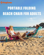 KingCamp Low Beach Chair, High Back Folding Camping Chair for Adults, Oversized Breathable Mesh Seat, 300lbs Heavy Duty Portable Chair with Cup Holder & Storage Pockets for Beach, Outdoor