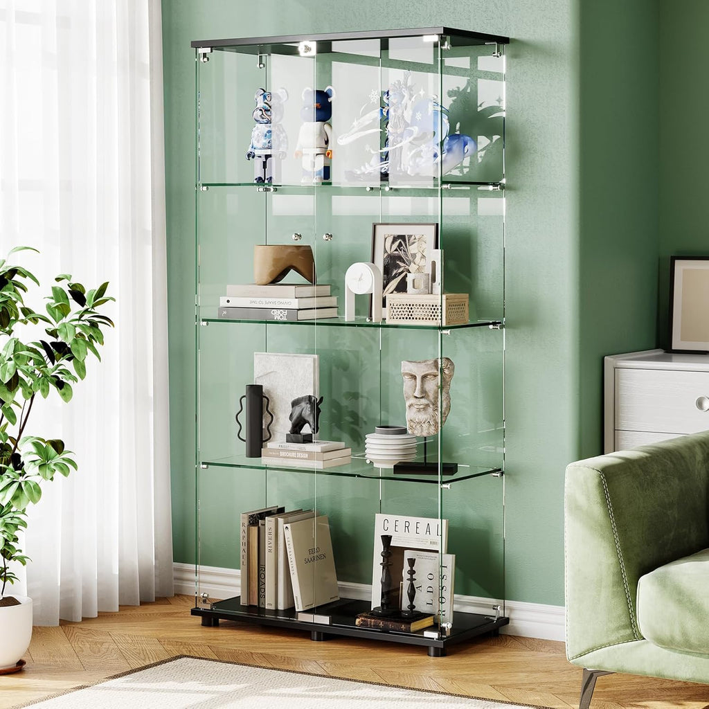 Glass Display Cabinet with 4-Shelf Double Door and Lock, 5mm Tempered Glass