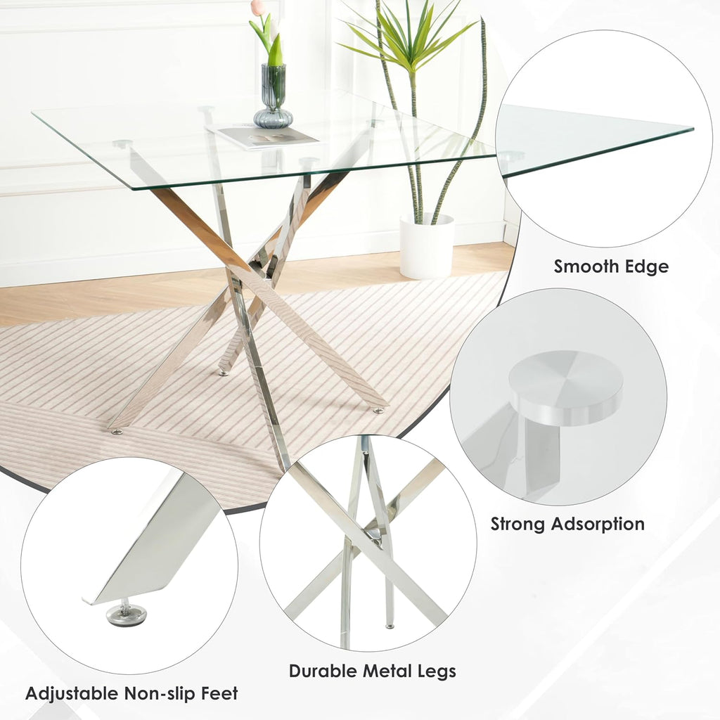 5 Pieces Silver Glass Dining Table Set, Modern Luxury Square Kitchen Table Set for 4, 36'' Clear Minimalist Glass Top Dinner Set, Beige High-end Tufted Chairs, for Small Place Living Room