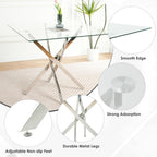 5 Pieces Silver Glass Dining Table Set, Modern Luxury Square Kitchen Table Set for 4, 36'' Clear Minimalist Glass Top Dinner Set, Beige High-end Tufted Chairs, for Small Place Living Room