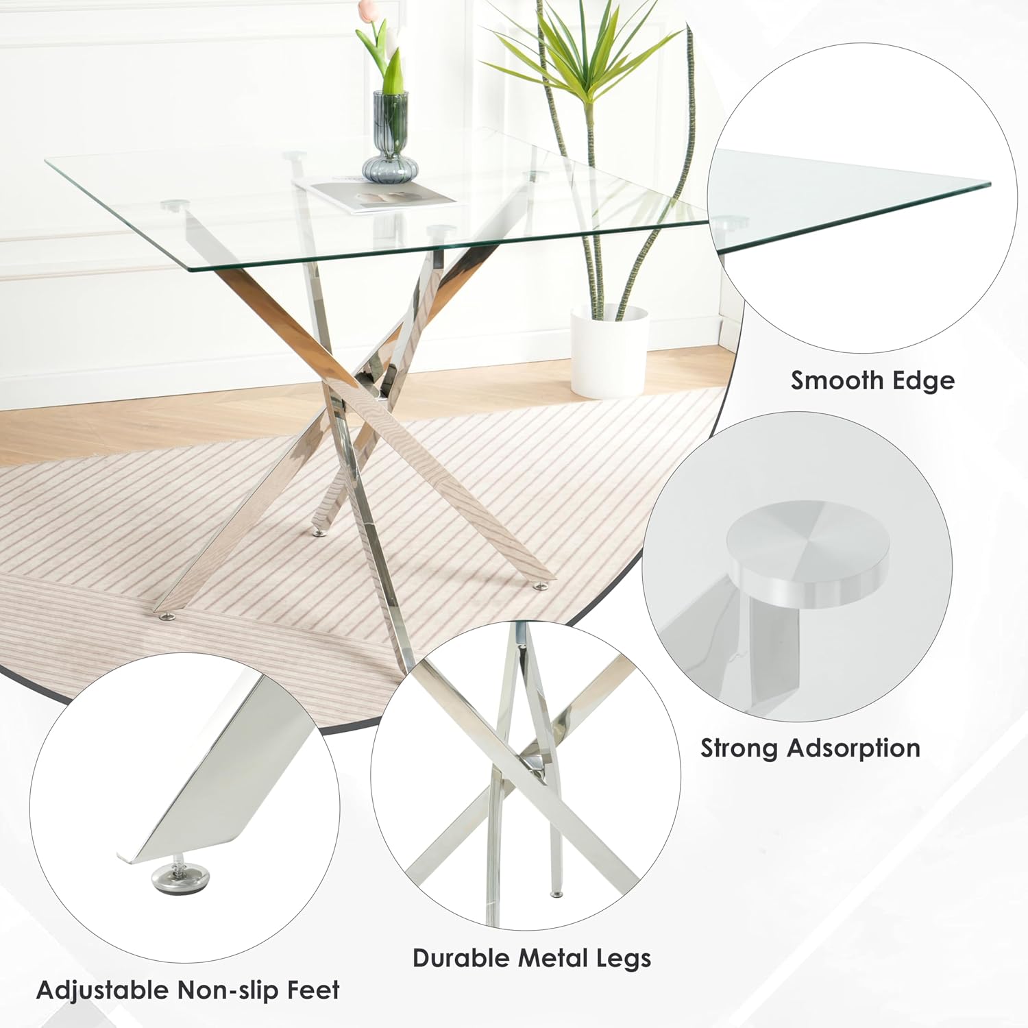 5 Piece Silver Luxury Glass Dining Set, Modern Minimalist Kitchen Table Set for 4, 36'' Clear Square Glass Top Dinner Room Set, Grey High-end Tufted Chairs, for Small Place Living Room